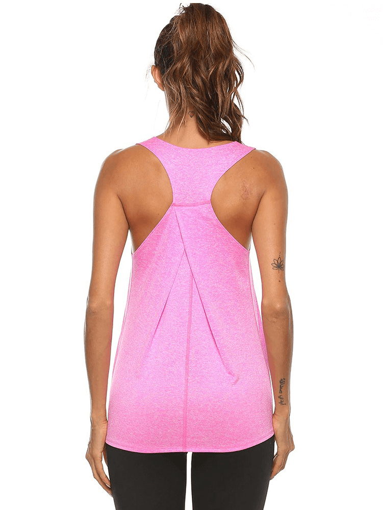 Back view of pink sleeveless fitness top for women with racerback design, ideal for yoga and workouts. Breathable and quick-dry fabric.